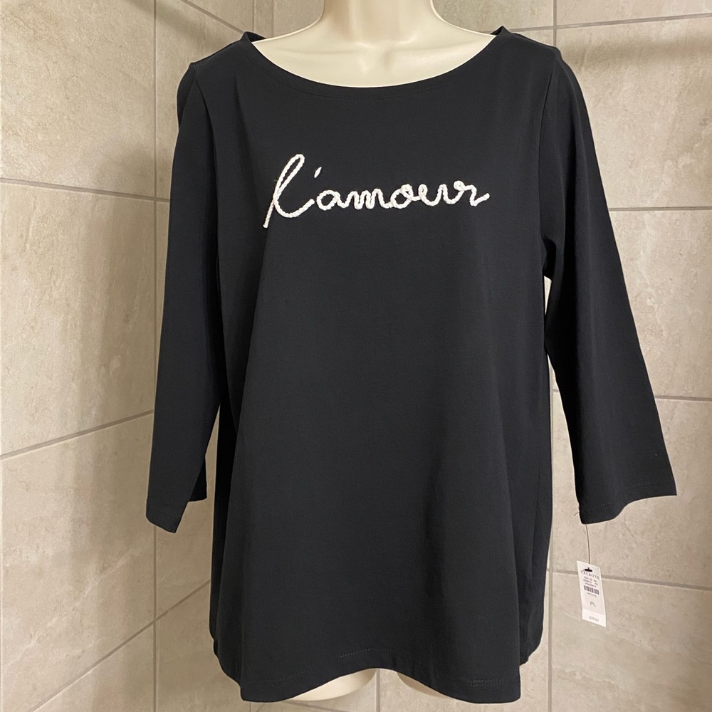NWT Talbots Petite “l’amour” scoop neck black 3/4 sleeve top, size Large Petite